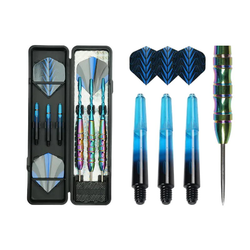 BL-1549 Professionelles 20 g Regenbogen-Pfeilset mit cyanfarbenen gestreiften PET-Flügen
